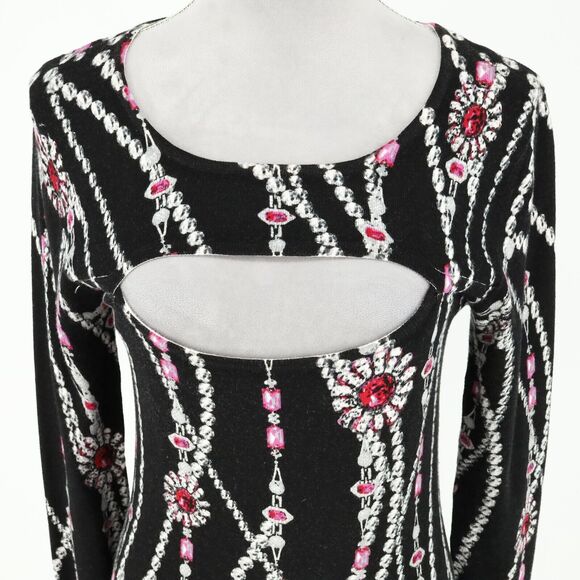 Cache Sweater Womens Medium Black Pink Low Cut Out Jewelry Print Pullover - Picture 7 of 11